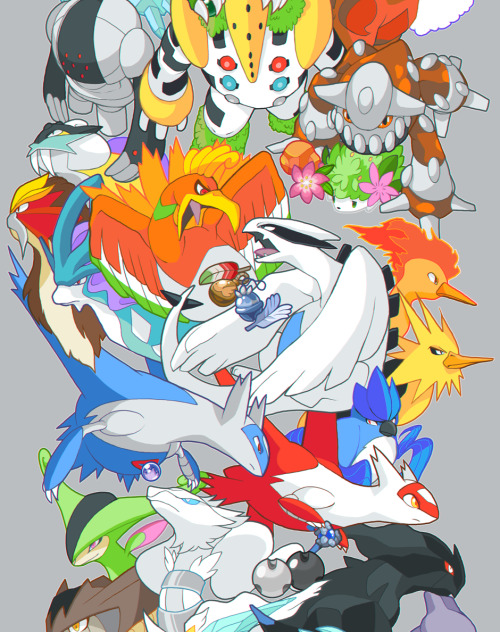preoprix:  All legendary Pokémon, minus Diancie, Volcanion and Hoopa! Because I completely forgot about them hahaha… Originally this was going to be some glorious digital painting all dramatic-like and have multiple backgrounds showing the locations