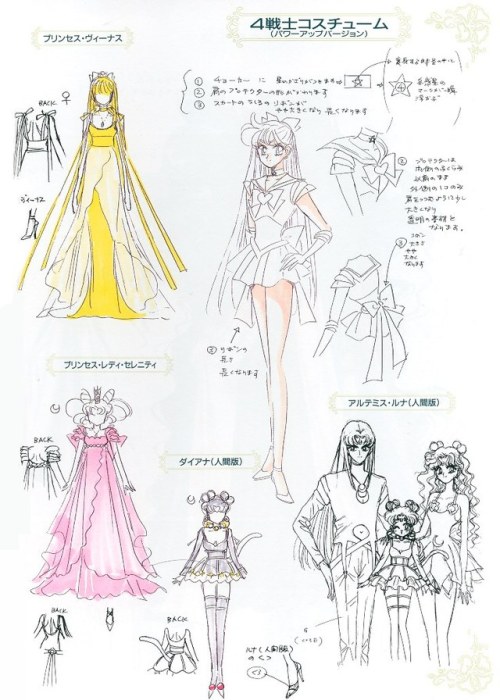 sailormoonartblog:Production drawings for the Sailor Warriors’ Super uniforms and Princess out