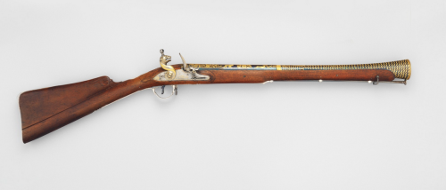 Flintlock blunderbuss made in Seringapatam, India, dated 1793 or 1794.  Incredible gold inlaid damas