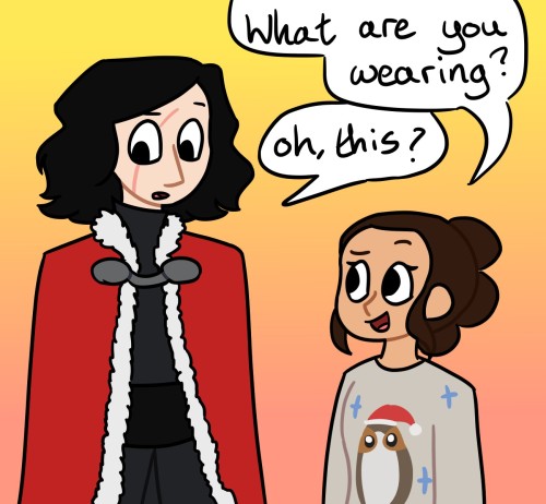 scooterpengie:

Ben wearing a festive cloak. That’s it that’s the whole comic.Actually I was inspired by my stuffed cat toy, Angus, because he was wearing a Kylo Ren outfit but with a Christmas cape 😅This seems to be the most festive thing I could come up with so if you wanna send me xmas-y Reylo ideas, go ahead! 