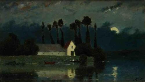 Henry Jacques Delpy (1877 - 1957) - Moonlight on the River. Oil on panel.