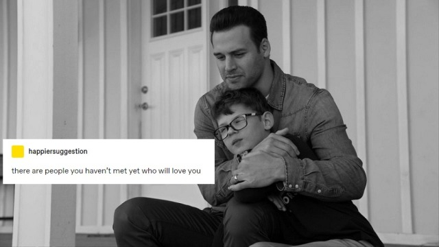 a black and white screencap of Eddie hugging Christopher on the porch in Eddie Begins overlaid with the same text post.