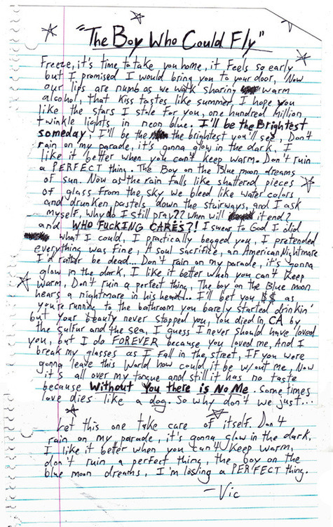 post-hardcore-and-cookies:  The piece of paper Vic wrote The Boy Who Could Fly (Southern Constellations)This