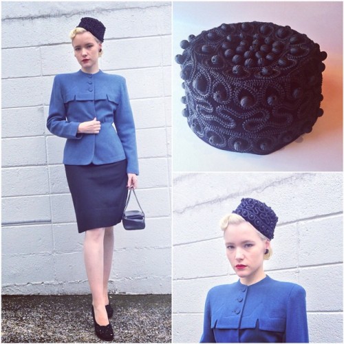 getwiththe40s:Today’s coordinate♥︎ ＊embroidered pill box hat ＊bakelite crescent moon earrings ＊blue gray wool jacket  #1940s #1960s #vintage #vintagehat #pillboxhat #bakelite #bakeliteearrings #vintagejacket #vintageclothing #vintagefashion