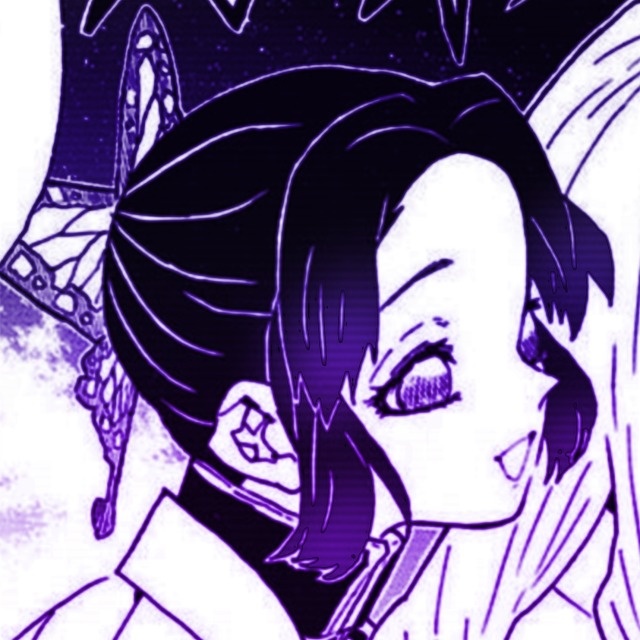 an icon of shinobu from demon slayer manga. it has a purple color overlay. she leans forward to speak to another character. she has a calm smile and faces to the right.