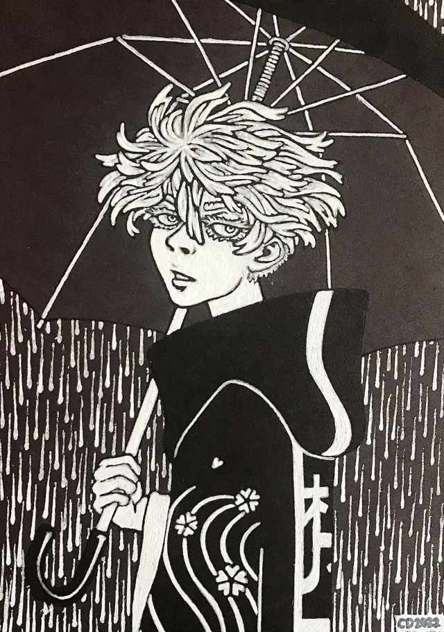 drawing of senju from tokyo revengers done in white gel pen and black marker on black construction paper. she is seen from the left side, waist up, facing slightly toward the viewer, holding an umbrella in the rain.