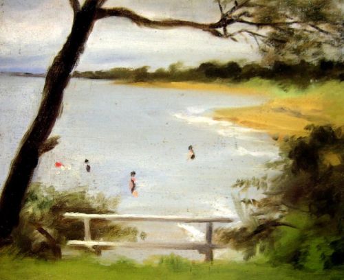 Bathers Beaumaris   -   Clarice Beckett , c.1925-30Australian, 1887-1935.Oil on canvas on board, 38 