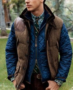 fashionforblokes:  Herringbone shooters vest adds a nice touch of texture to your Fall wardrobe. Added over the top of this blue quilted blouson, the brown earthy tones really add a lot of interest to the ensemble. Note the checked shirt… adding some