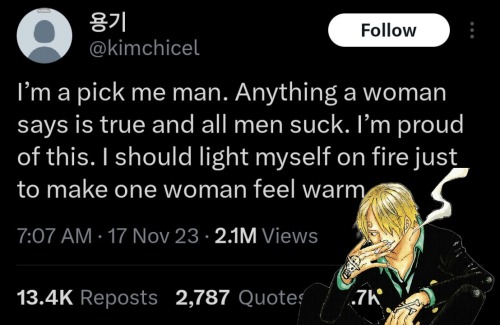 I Think Sanji's View On Feminism Is The Right And Only Good Way To Live As A Man. If You're A Man I Hope
