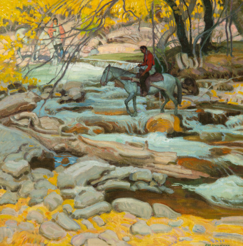 E. MARTIN HENNINGSIndians Crossing a Stream Oil on Canvas14″ x 14″
