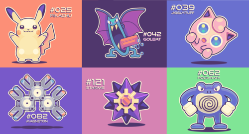 Kanto Pokemon Illustrations - Set 1Pikachu, Golbat, Jigglypuff, Magneton, Starmie & Poliwrath