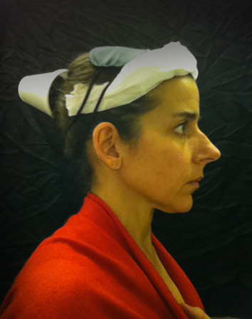 anticonfluentialist-deactivated:  While in the lavatory on a domestic flight in March 2010, I spontaneously put a tissue paper toilet cover seat cover over my head and took a picture in the mirror using my cellphone. The image evoked 15th-century Flemish