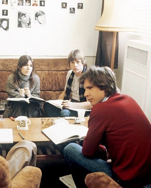 theorganasolo:Carrie Fisher, Harrison Ford, and Mark Hamill reading the script for The Empire Strike