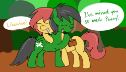 ask-humming-way:  P-Panny! Wait up, i-it’s not what it looks like!!! Punky you can stop hugging me now! (Featured: ask-jade-shine, askbreejetpaw, ask-punky, askgothika, asktheabby) (I just realised how much grey and green ponies there are in this update.