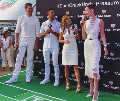 Tag Heuer ambassadors Tom Brady and Bella Hadid team up for an event in Monaco.