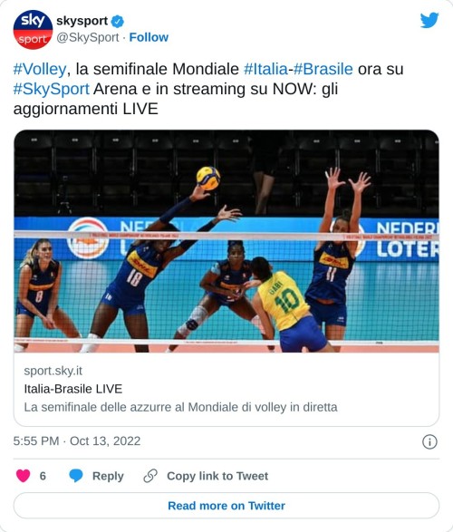 #Volley, la semifinale Mondiale #Italia-#Brasile ora su #SkySport Arena e in streaming su NOW: gli aggiornamenti LIVEhttps://t.co/lAK2q4yArZ  — skysport (@SkySport) October 13, 2022