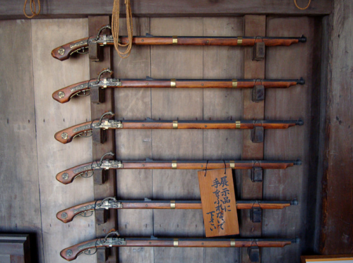 Antique Japanese matchlock tanegashima muskets at Himeji castle.