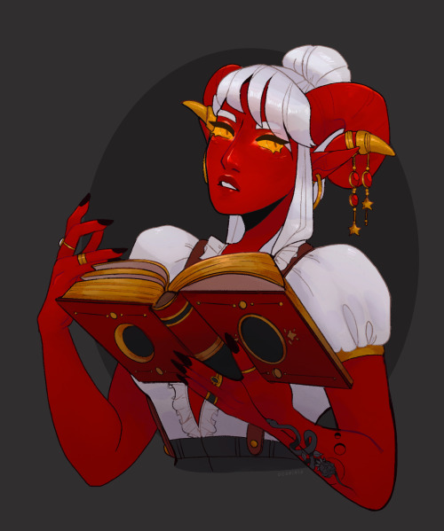 A portrait of my tiefling wizard (enchantment), Crimson!One of my “first” D&D characters, and I 