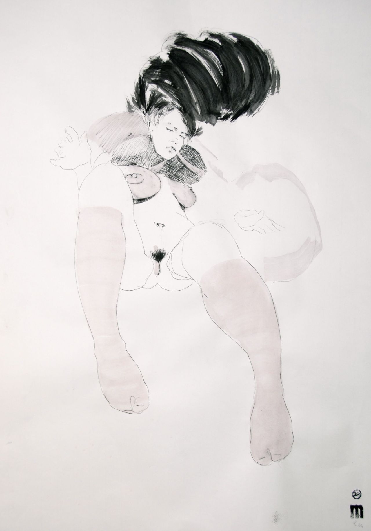 mlmlmlml:  NUDE 3723, 100x70cm, black ink monotype and drawing on 110g flyleaf paper,