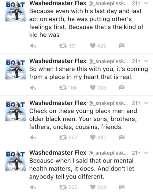 thehighpriestofreverseracism:  This broke my heart.  I’ve struggled with depression for years and there have been many days when I didn’t want to wake up. Black people, we need to look out for each other, check on the people around you and stop telling