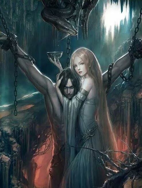 Saw this beautiful image of Loki and his wife Sigyn the other day and I cannot remember where! It really resonated with me and one day I’m hoping to print it and put it above my shrine.