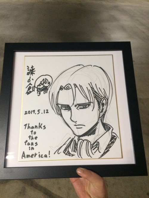 SnK News: Isayama Hajime’s Thank You to US Fans at Anime Expo 2017SnK producer via Kodansha, Tateishi Kensuke, shared a photo of Isayama’s sketch of Levi and chibi Mikasa and his message of “Thanks to the fans in America!”, currently on display