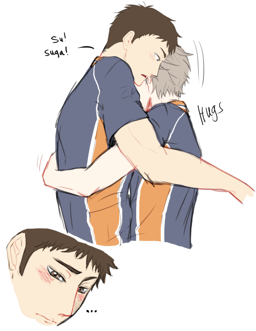 missdawntwilight:   Some Daisuga angst? This happens after Suga punches Daichi after his injury. Suga’s punches were just to cover up his fear, you aint fooling me Suga!  Hug pose Ref.  