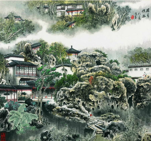 Traditional Chinese painting, Suzhou gardens by 曹仁容Cao Renrong.