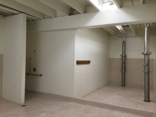 Men’s showers at The Broadway Recreation Center in Mesa, Arizona.The center is a Red Cross shelter a
