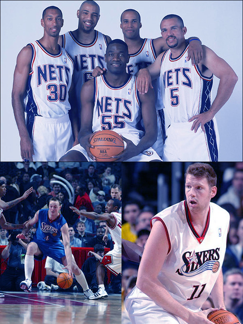 Forward Keith Van Horn of the New Jersey Nets goes to the basket as center  Dikembe Mutombo of the Philadelphia 76ers …