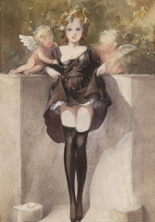 Fortunino Matania  (1881 - 1963)Young woman with black stockings