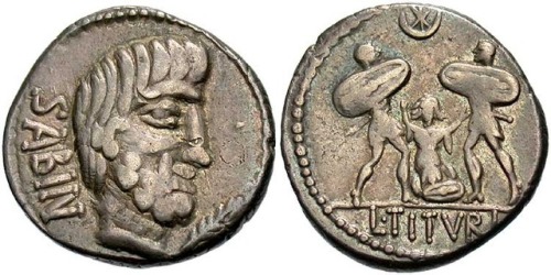Roman denarius wirh images of King Titus Tatius and Tarpeia, 89 BCE, issued by L. Titurius L.f. Sabi