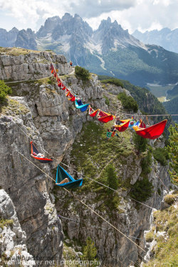 shyowl:  nprfreshair: On September 9, 2014, 22 people nestled into 16 hammocks for one epic chillout session. Photographer Sebastian Wahlhütter was on hand to capture the day’s events which took place on Monte Piana, in the famous Dolomites mountain