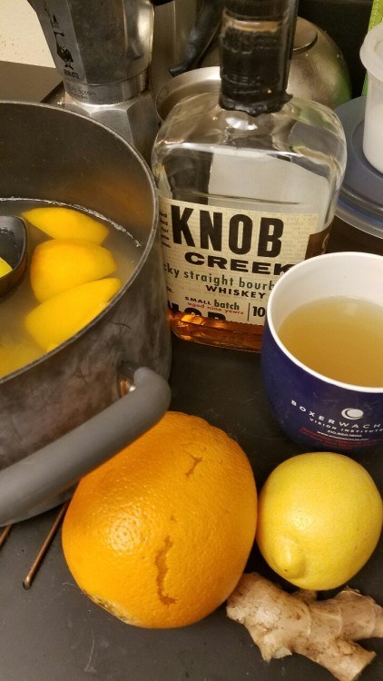 Cold remedy. 1 orange, 1 lemon, chunk of ginger, water, whiskey. Put water in a pot, half full, brin