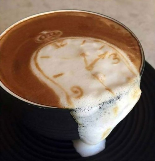 zombiezerorobothero: shizzler:   sixpenceee:  In this impressive example of latte art, we see a melting clock frothing over the edge of the cup. The illustration is an ode to Salvador Dali’s famous 1931 painting, The Persistence of Memory. Artwork