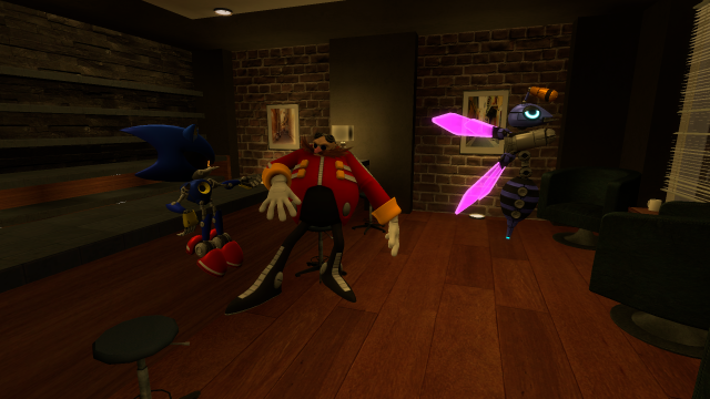 A screenshot from g-mod of Eggman, Metal Sonic, and a wasp badnik in a cafe. Eggman sits in a bar stool, one elbow rested on the counter as he looks at Metal. Metal sits on the counter with his legs handing off the edge as he looks back at Eggman, one hand raised as if speaking. The wasp badnik floats just behind Eggman while looking out of the window.