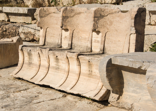 via-appia: Stone seats with inscriptions at the Theatre of Dionysus, Acropolis, Athens, c. 4th centu