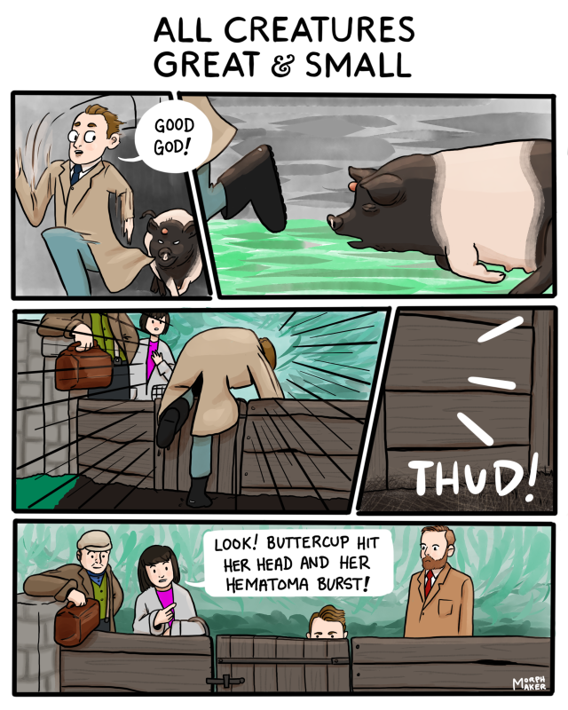 All Creatures Great & Small. Tristan runs away from Buttercup the pig with a hematoma on her head screaming, “Good God!” He dives over a small pen enclosure to get away from her. The pen enclosure receives a “THUD!” as Buttercup hits the enclosure due to momentum from running after Tristan. Anabel and Henry Dinsdale and Mr. Farnon look over the enclosure at Buttercup. Tristan peers over from the ground. Anabel says while pointing, “Look! Buttercup hit her head and her hematoma burst!”