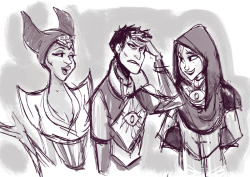 aprilrosblog:  Vivienne and Leliana discuss Swords and Shields with Cassanda, she is disgusted by their HORRIBLY WRONG OPINONS.  Also drunken asshole girlfriend and sweaty nerd girlfriend because I love them