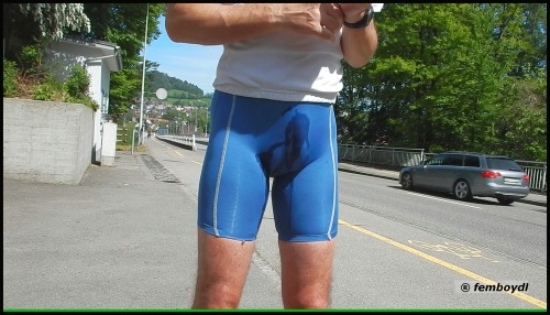 Porn Pics femboydl:  pee break in shiny spandex shorts