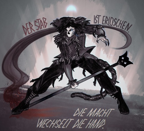 a drawing of munkustrap from cats the musical as he appears in the tecklenburg production, a humanoid man with a lot of fur atop his head and shoulders, with an additionally furry vest, loose black pants and combat boots, drawn against a darkening gray background. his face is simplistic but seems caught in a moment of fury. he's standing with his legs far apart and is bent far forward, one hand held up with sharp claws ready to strike while another clutches old deuteronomy's staff, a cane with a cat head on the end. one of munkustrap's legs is right in front of the end of the headless end of the staff, and it seems like he's just stomped out a flame as red sparks fly and black smoke rises from the spot. munkustrap's eye, as well as the eyes of the cat head in the staff, are flashing a moonlike blue. the text around him says "der stab ist erloschen." text beneath him says, "die macht wechselt die hand". in german, the phrase means "the staff is extinguished. power switches hands." a blue moon shines brightly above munkustrap's head.
