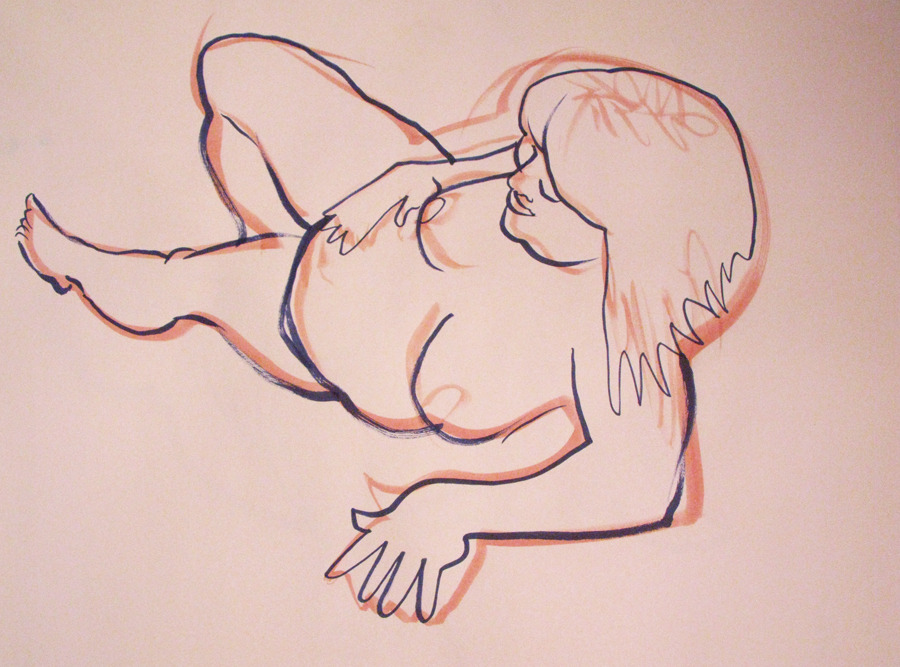 Drawings of Emily done at the Democracy Center.  Ink and/or watercolor on paper,