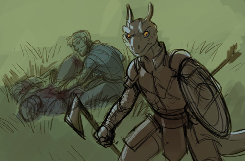 kobbers:  Quick WIP based on a great short story my sister wrote, about her ESO characters running into each other in Cyrodiil. I fully intend to finish it later, with actual accurate character designs and armor… but I’m in cooldown mode and only