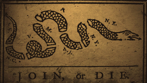 Join or Die, cartoon created by Ben Franklin to encourage unity among the American colonies.