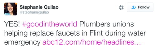 micdotcom:  Hundreds of plumbers travel to Flint to help out for free Hundreds of plumbers from across the United States traveled to Flint, Michigan, to help out embattled residents on Saturday. It’s a heartwarming episode in what has otherwise been