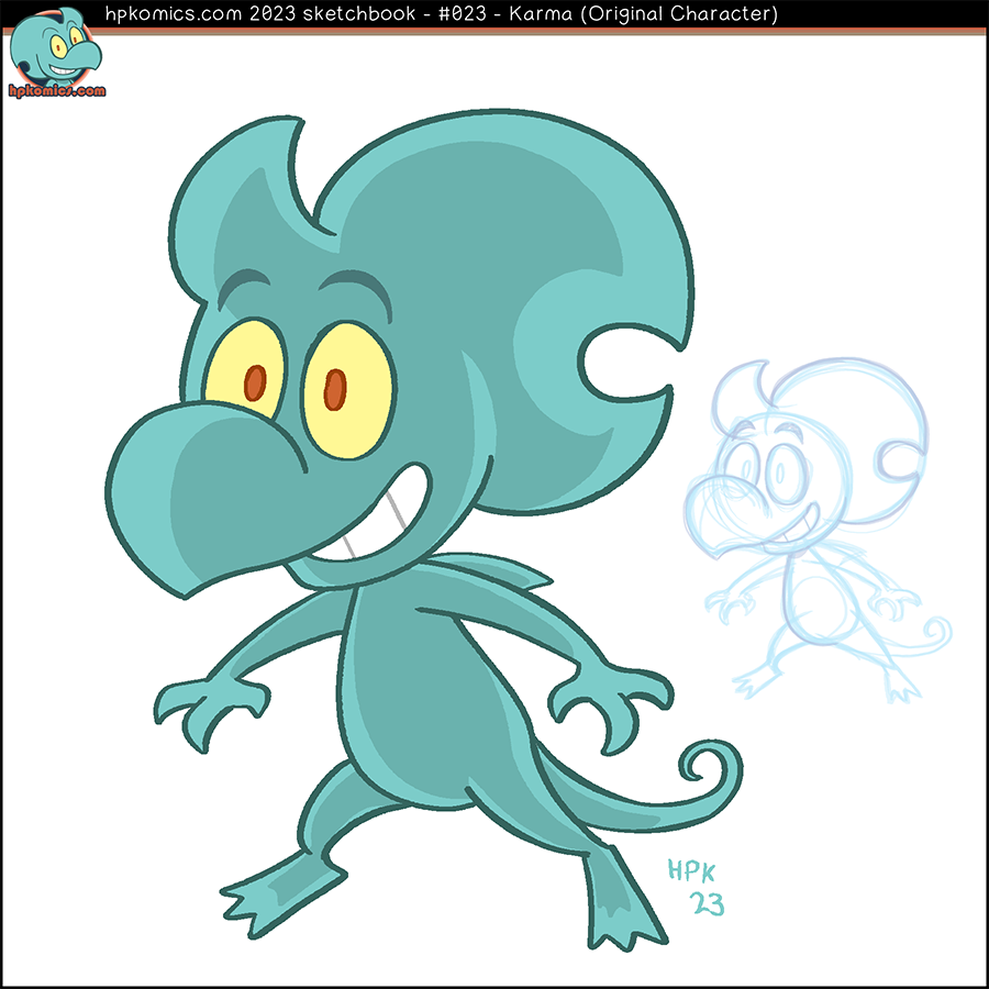 More or less my mascot. Karma is a character from a cartoon idea called ‘Ben’s Book of Banned Beasts.’ He is an obscure Mesoamerican tribal deity who helps the kids in the story return escaped mystical creatures to the magic book.