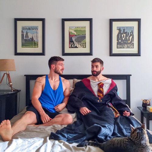 malefeed:   justinick_pgh: Sunday morning bedroom confessions: Nick can’t sleep on the side of the bed nearest the door out of fear. Also, we own a Harry Potter snuggie. #noshame [x] #justinick_pgh    