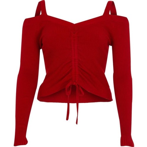 River Island Red ruched front fitted bardot knit top ❤ liked on Polyvore (see more long sleeve knit 