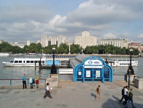 Festival Pier, Embankment and Thames, Old Shell Oil Headquarters Building Across the River, London, 