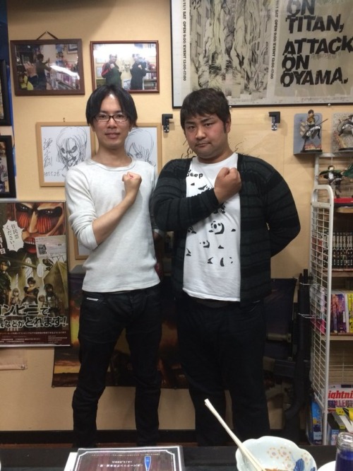 snknews: Isayama Hajime Visits Local Anime Store Ota-Base (Again) After his previous publicized visit on March 2nd, 2018, Isayama Hajime has returned to the Hita city anime store Ota-Base again! A few photos of Isayama doing SnK-relevant poses alongside